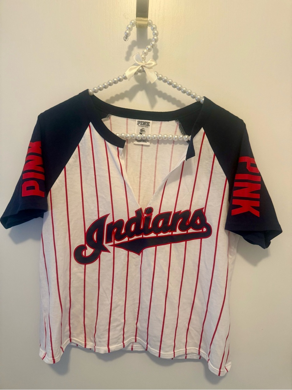 PINK Victoria's Secret White & Navy 'Indians' Baseball Tee with Red Accents